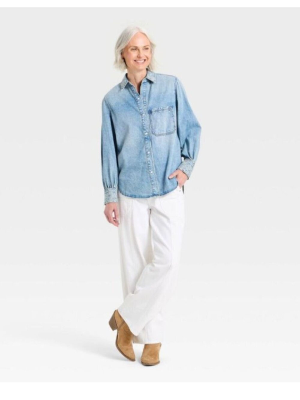 Universal Thread Denim Chambray Embroidered Pearl Snap Shirt Medium Wash M - Picture 12 of 12